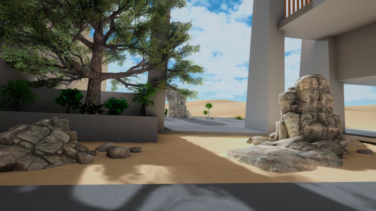 Sunlit courtyard with a tree between concrete walls