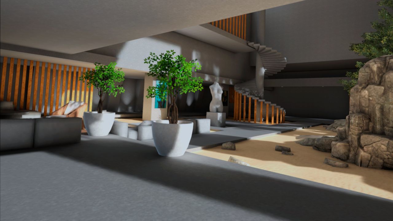 Interior atrium with spiral staircase and planters