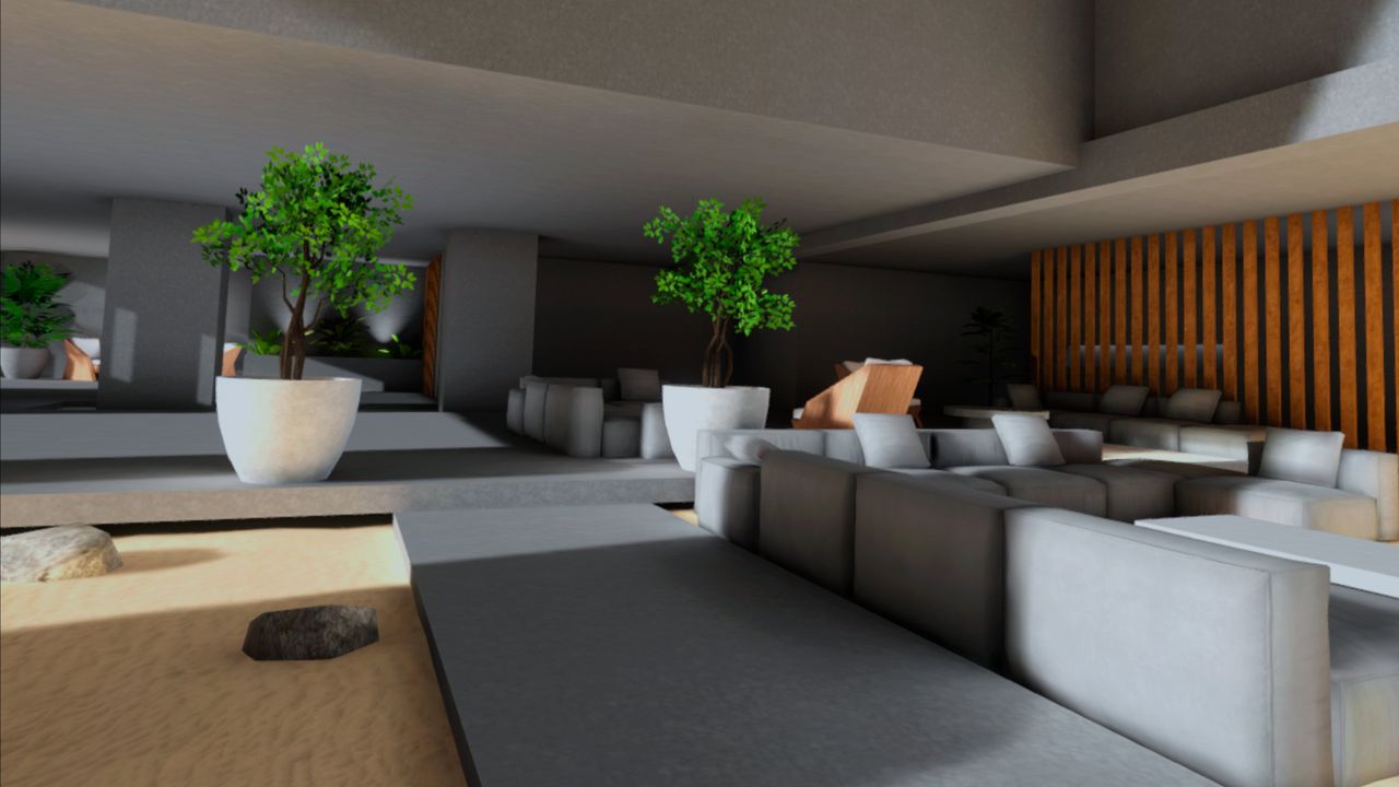 Concrete lounge with sofas and warm wood slats